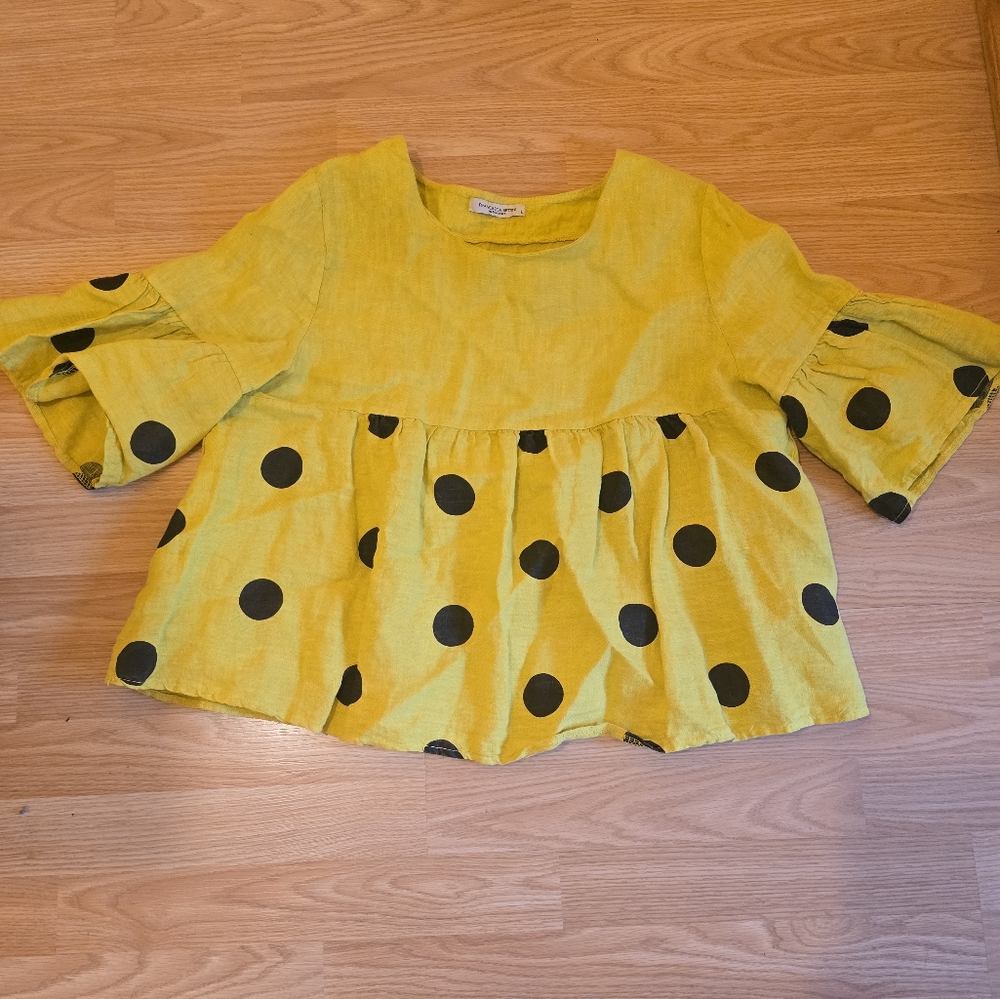 Yellow and Black Polka Dot Blouse with Peplum Style